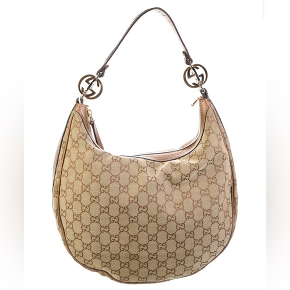 Gucci GG Bamboo Monogram Canvas Leather Ivory Beige Shoulder Hobo Bag -  Rare!